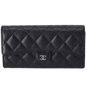 CHANEL Matelasse Long Flap Wallet Black Caviar Leather